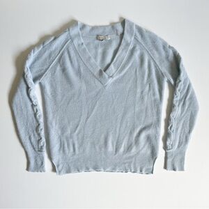 Kinross 100% Cashmere Light Blue V Neck Cable Knit Long Sleeve Sweater